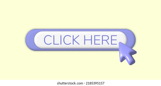 Click here icon. 3d Search bar template for website. Cursor, arrow for registration on yellow. Pointer to click, press, or send request. Navigation search for browser. Realistic 3d vector design