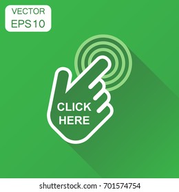 Click here icon. Business concept hand cursor pictogram. Vector illustration on green background with long shadow.