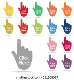 click here icon : click here button : colorful hand icon set on white background
