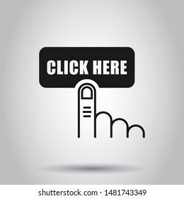 Click here icon in flat style. Finger cursor vector illustration on isolated background. Click button business concept.