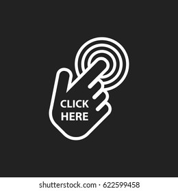 Click here icon. Hand cursor signs. White button flat vector illustration.
