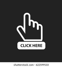 Click here icon. Hand cursor signs. White button flat vector illustration.