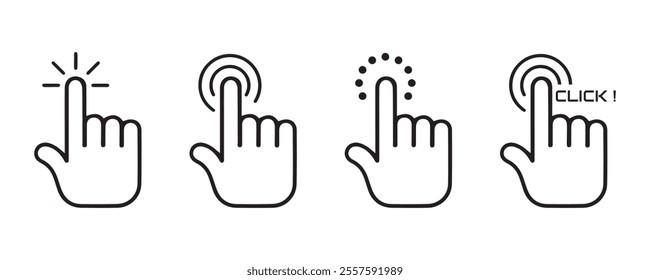 Click here icon set in line style. Hand click, finger, Touch screen, pointer, cursor, gesture, mouse press push simple black style symbol sign for apps and website, vector illustration.