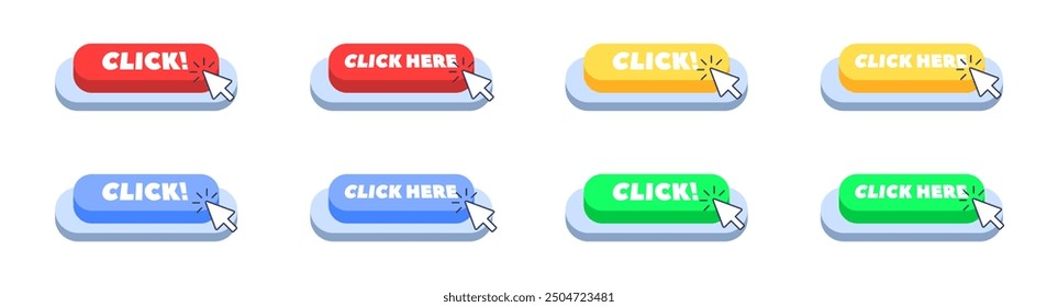 Hacer clic aquí iconos. Iconos de conjunto de Botones. Estilo plano. Iconos del vector.