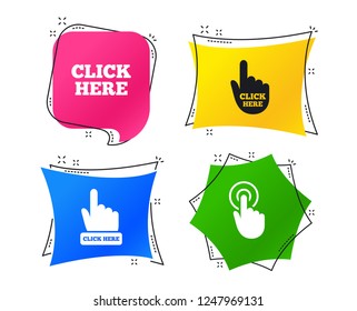 Click here icons. Hand cursor signs. Press here symbols. Geometric colorful tags. Banners with flat icons. Trendy design. Vector
