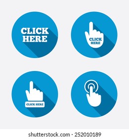 Click here icons. Hand cursor signs. Press here symbols. Circle concept web buttons. Vector