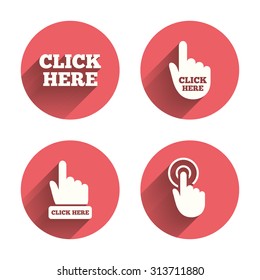 Click here icons. Hand cursor signs. Press here symbols. Pink circles flat buttons with shadow. Vector