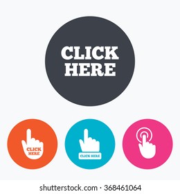Hacer clic aquí iconos. Señales del cursor de la mano. Prensa aquí. Círculo de Botones planos con icono.
