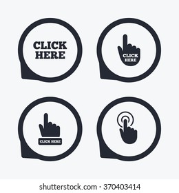 Click here icons. Hand cursor signs. Press here symbols. Flat icon pointers.