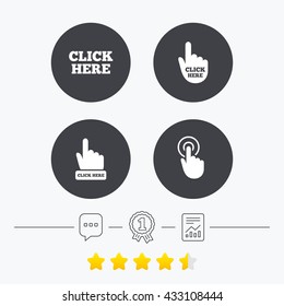 Click Here Icons. Hand Cursor Signs. Press Here Symbols. Chat, Award Medal And Report Linear Icons. Star Vote Ranking. Vector