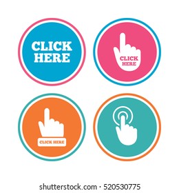 Click here icons. Hand cursor signs. Press here symbols. Colored circle buttons. Vector