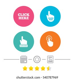 Click here icons. Hand cursor signs. Press here symbols. Calendar, cogwheel and report linear icons. Star vote ranking. Vector