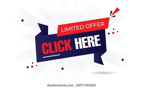 Click here limited offer banner template with white background, dark blue and light blue gradient shine, and red vector art shapes ideal for high impact promotions offer, discount, promotion