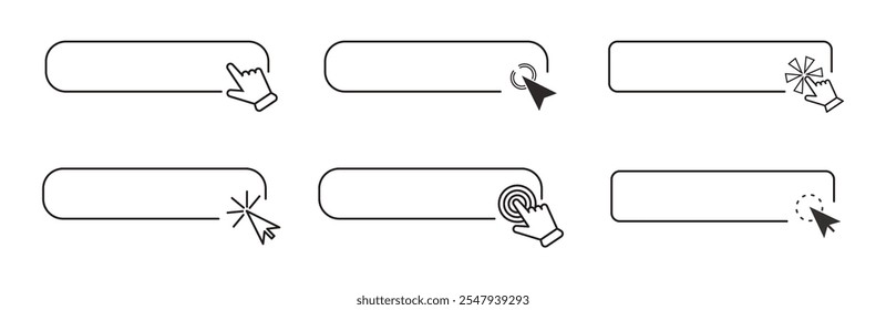 Click here line frame, interface bar with cursor arrow or hand. Ui element search, buy field, link. button for click. Push banner simple icon.