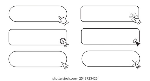 Click here line frame, interface bar with cursor arrow or hand. Ui element search, buy field, link. button for click. Push banner simple icon.