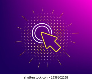 Click here line icon. Halftone pattern. Push the button sign. Web cursor symbol. Gradient background. Click here line icon. Yellow halftone pattern. Vector