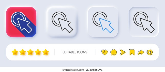 Klicken Sie hier auf das Liniensymbol. Neumorph, flacher Schatten, 3D-Tasten. Knopfzeichen drücken. Webcursor-Symbol. Linie Klicken Sie hier Symbol. Symbole sozialer Medien. Vektorgrafik