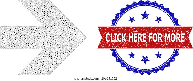 Click Here for More corroded seal print, and move right icon network structure. Red and blue bicolored seal has Click Here for More caption inside ribbon and rosette. Abstract 2d mesh move right,