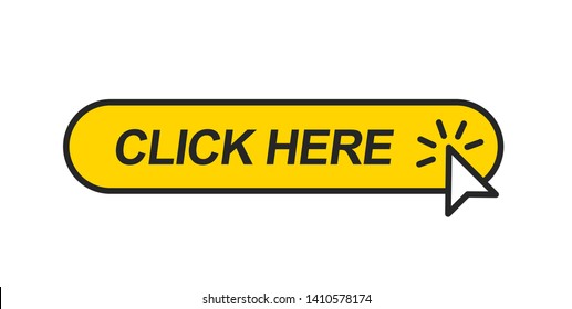 Click here. Mouse cursor clicking on the yellow button. Icon for web design isolated on white background.