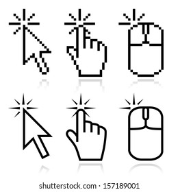 Click here mouse cursors set. Arrow, hand and mouse left click icons. This set fits for illustration of place of clicking.