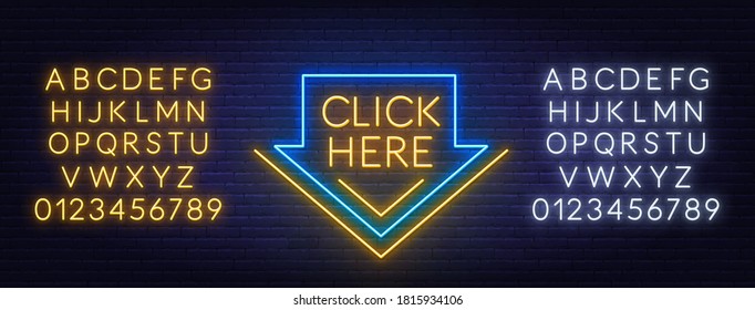 Click here neon sign with arrow on brick wall background.