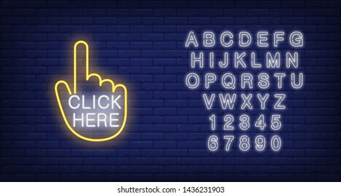 Click here neon sign. Luminous signboard with cursor. Night bright advertisement. Vector illustration in neon style for website interface, online shop