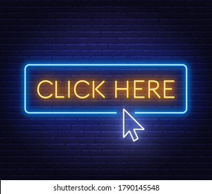 Click here neon sign on brick wall background.