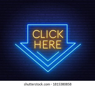 Click here neon sign on brick wall background.