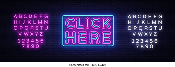 Click Here Neon Text Vector. Click Here neon sign, design template, modern trend design, night neon signboard, night bright advertising, light banner, light art. Vector. Editing text neon sign