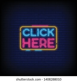 Click Here Neon Text Vector with a Brick Wall Background design template  modern trend design  night neon signboard  night bright advertising  light banner  light art. Vector illustration