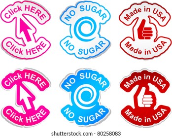 "Click here", "no sugar", "made in USA"  vector stickers.