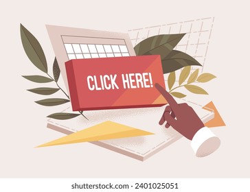 Click here red button, black hand finger point sign. Press action to search for information, choose calendar date, meeting reminder app. Vector illustration, schedule and botanical leaf background