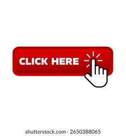 Click here, red rectangular 3D button - vector illustration