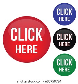 Click here round website glossy buttons set on white background, vector illustration