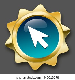 Click here seal or icon with computer mouse symbol. Glossy golden seal or button.