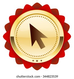 Click here seal or icon with computer mouse symbol. Glossy golden seal or button.