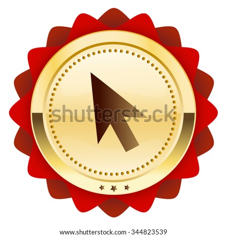 Click here seal or icon with computer mouse symbol. Glossy golden seal or button.