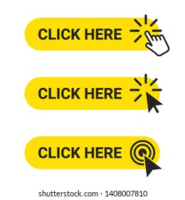 Click here. Set of web buttons with action of mouse cursor and hand pointer. Click here, UI button concept. Vector