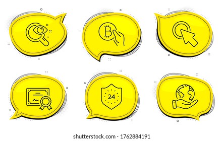 Click here sign. Diploma certificate, save planet chat bubbles. Bitcoin pay, 24 hours and Vision test line icons set. Cryptocurrency coin, Protection, Eyesight check. Push button. Business set. Vector