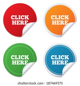 Click here sign icon. Press button. Round stickers. Circle labels with shadows. Curved corner. Vector