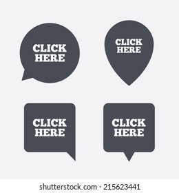 Click here sign icon. Press button. Map pointers information buttons. Speech bubbles with icons. Vector