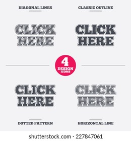 Click here sign icon. Press button. Diagonal and horizontal lines, classic outline, dotted texture. Pattern design icons.  Vector
