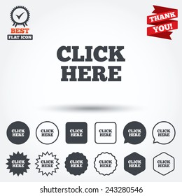 Click here sign icon. Press button. Circle, star, speech bubble and square buttons. Award medal with check mark. Thank you ribbon. Vector