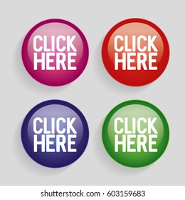 Click Here Sign Icon. Press Button. Circle Buttons With Long Shadow. 4 Icons Set. Vector