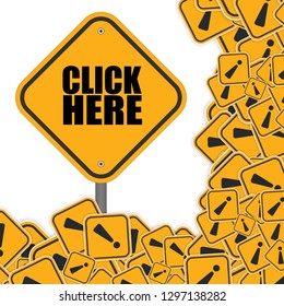 click here sign. road sign with text click here inside