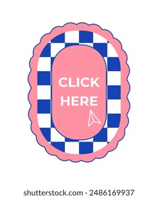 Click here social media button. Call-to-action sticker. Modern retro vintage design. Marketing and communication. Vector isolated on white.