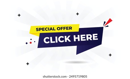 Hacer clic aquí para una oferta especial diseño de Plantilla de Anuncio con un fondo blanco con Formas degradadas azul oscuro y azul claro, ideal para las promociones llamativas y Web de etiqueta de ícono de Arte vectorial, Hacer clic