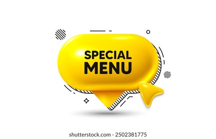 Click here speech bubble 3d icon. Special menu tag. Kitchen food offer. Restaurant menu. Special menu chat offer. Speech bubble banner. Text box balloon. Vector