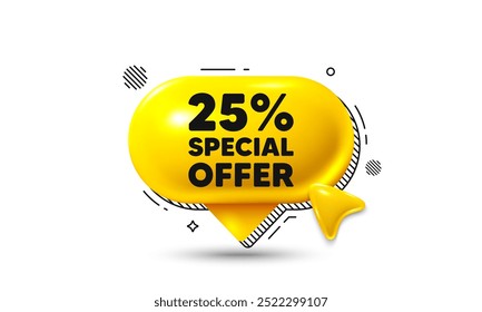 Hacer clic aquí icono de la burbuja del discurso 3D. 25 por ciento de descuento etiqueta de oferta. Signo de promoción de Precio de venta. Símbolo de oferta especial. Oferta de chat con descuento. Anuncio de la burbuja del discurso. Globo de cuadro de texto. Vector