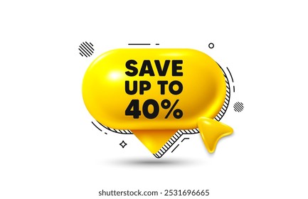 Click here speech bubble 3d icon. Save up to 40 percent. Discount Sale offer price sign. Special offer symbol. Discount chat offer. Speech bubble banner. Text box balloon. Vector